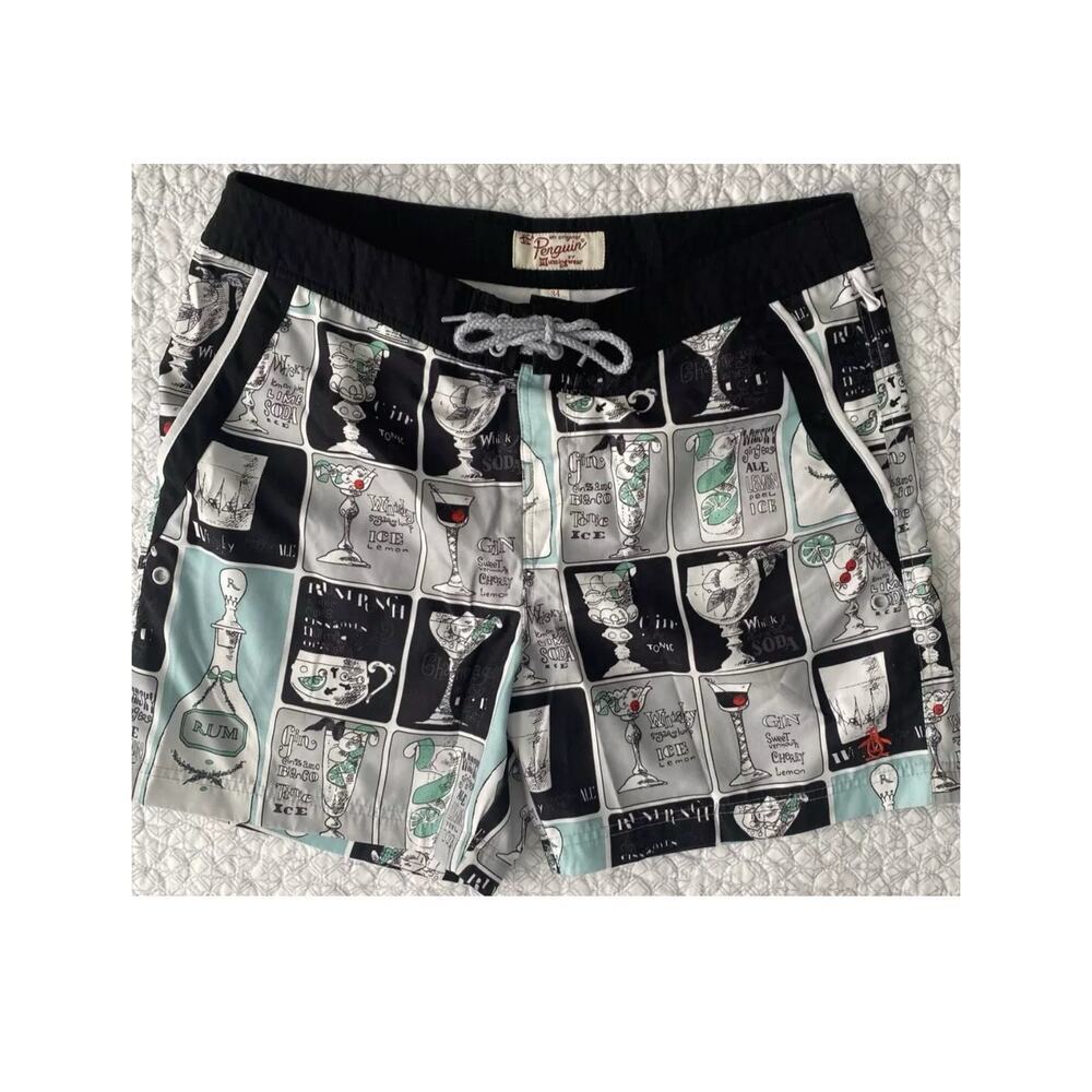 Penguin Happy Hour Cocktails Mens' Lined Swim Shorts Trunks‎ Size 36 Rum Tiki